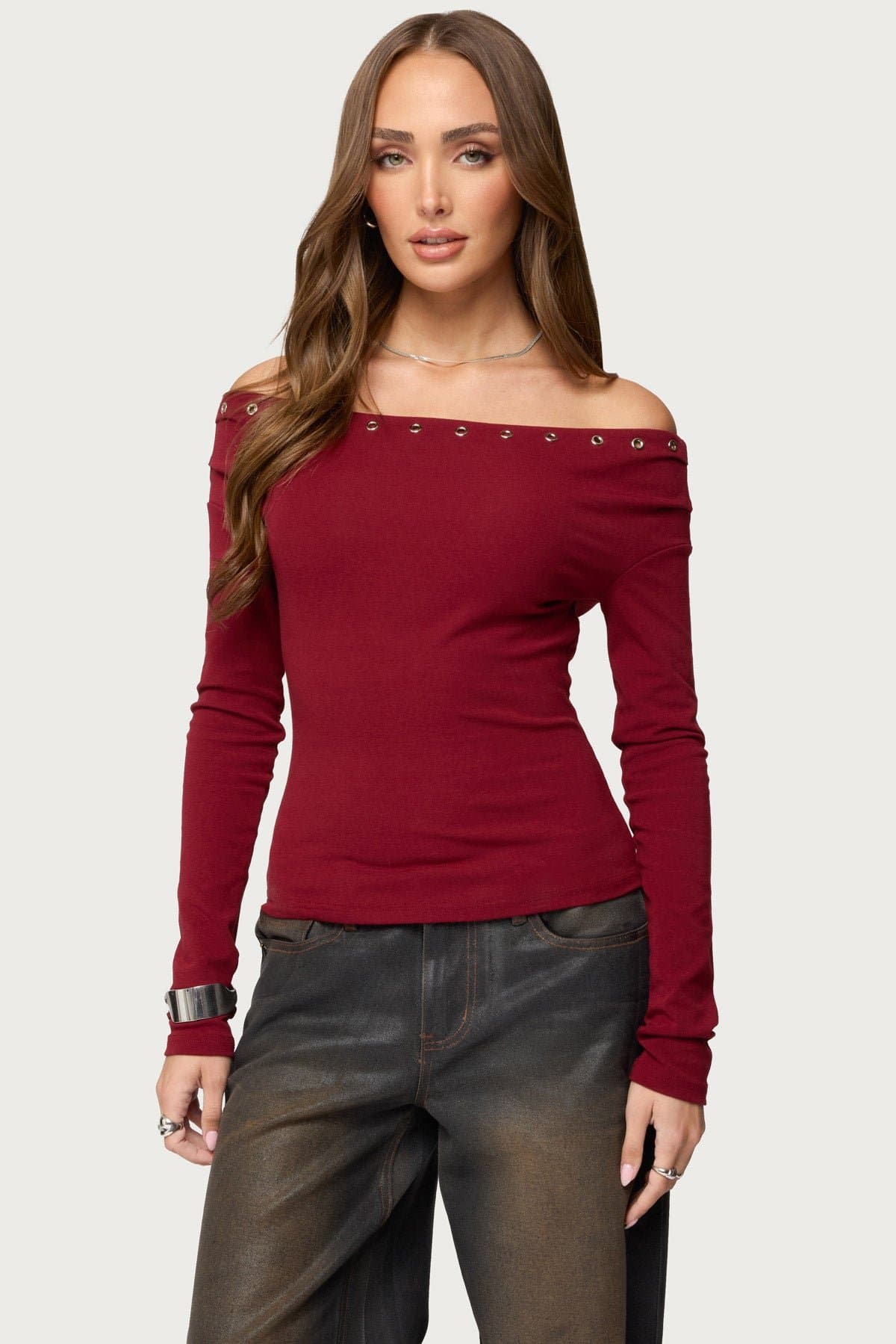 Rebekka Grommet Off Shoulder Long Sleeve Top - Polyester Rayon Spandex