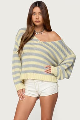 Eugenie Oversized Striped Sweater - V Neck Knit Acrylic with Contrast Cuffs & Side Slits