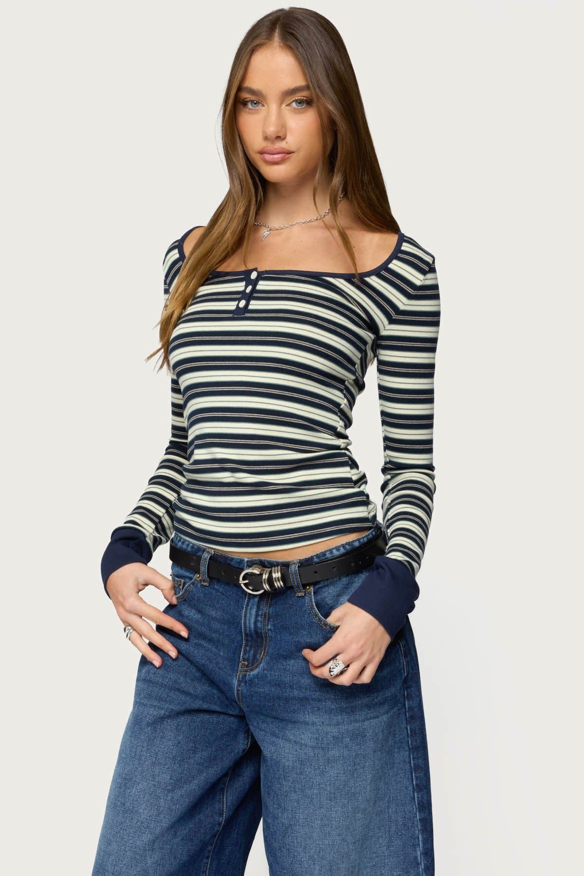 Jaida Striped Henley Top - Long Sleeve Cotton Spandex Scoop Neck