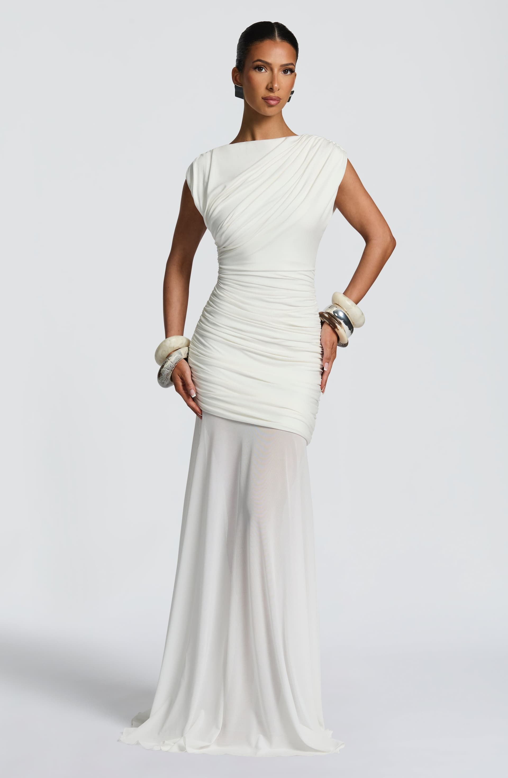 Demelza Maxi Dress in Ivory - Modal Jersey with Mesh, Boat Neck, Ruching