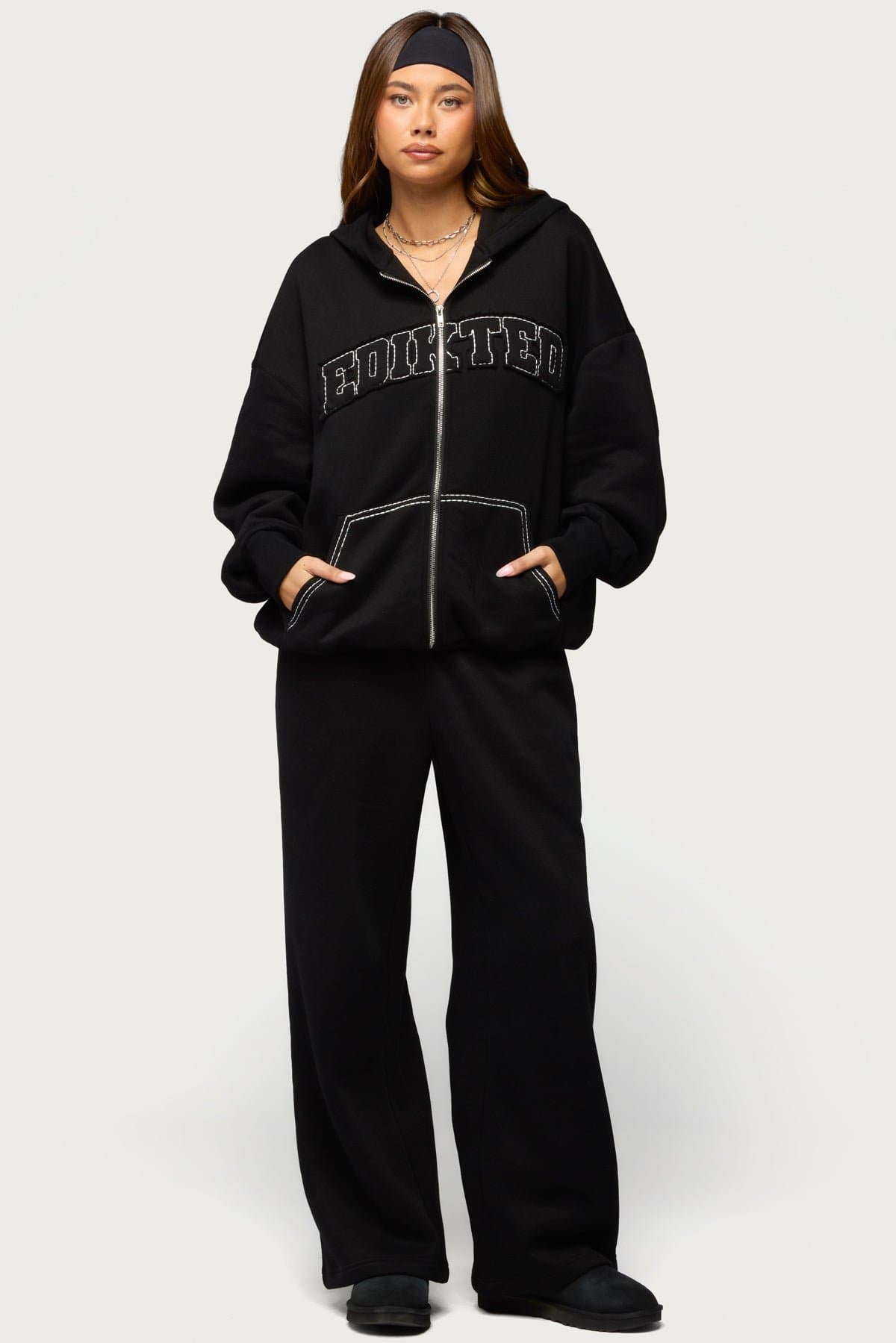 Forever Edikted Oversized Hoodie - Cotton Polyester Front Zip Contrast Stitching