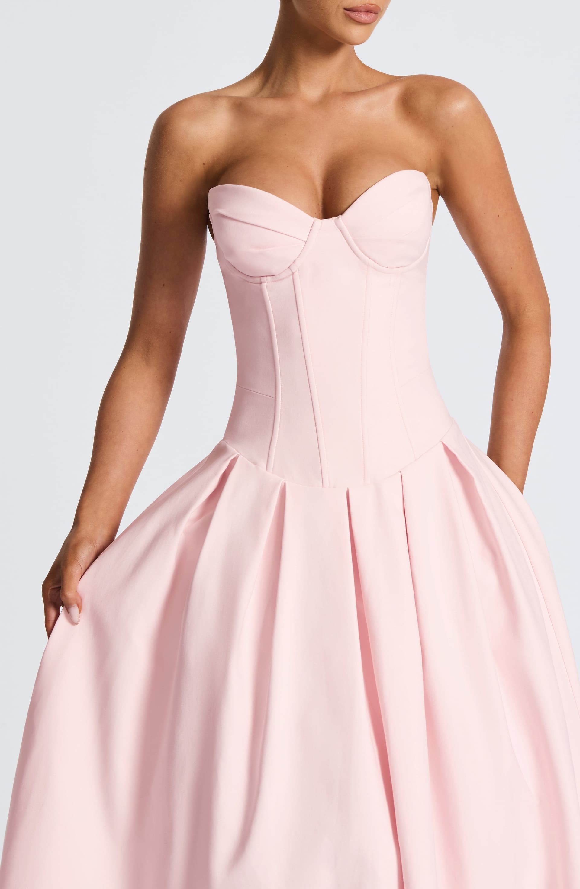 Salma Blush Stretch Bengaline Strapless Midi Dress with Pleated Skirt