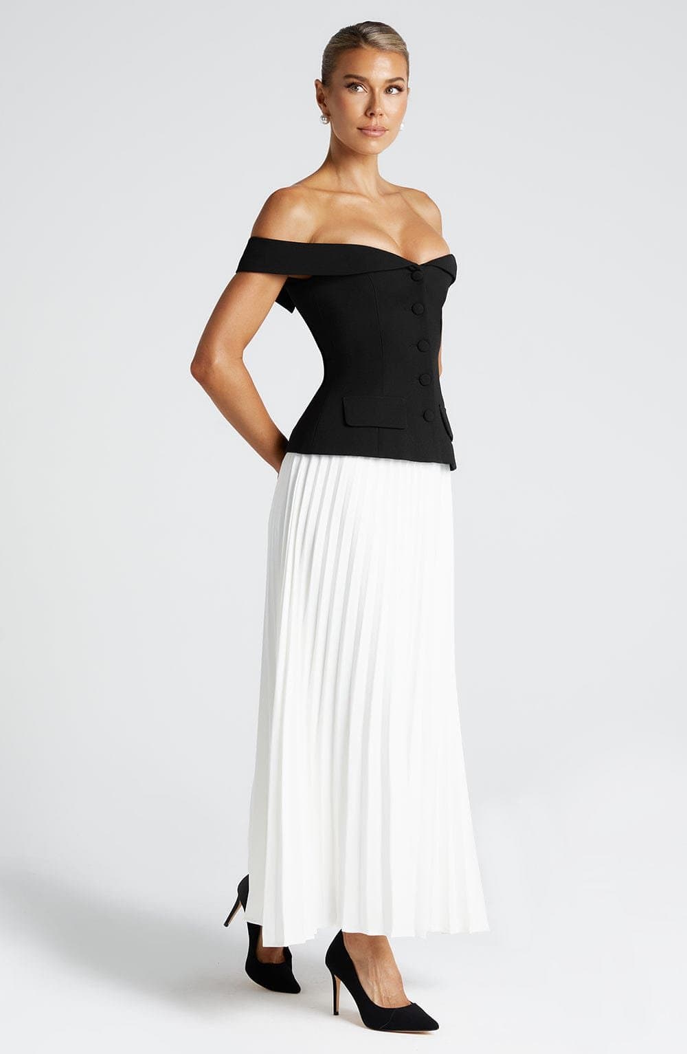 Penny Midi Skirt Ivory Non-Stretch Crepe Pleated Mid-Rise