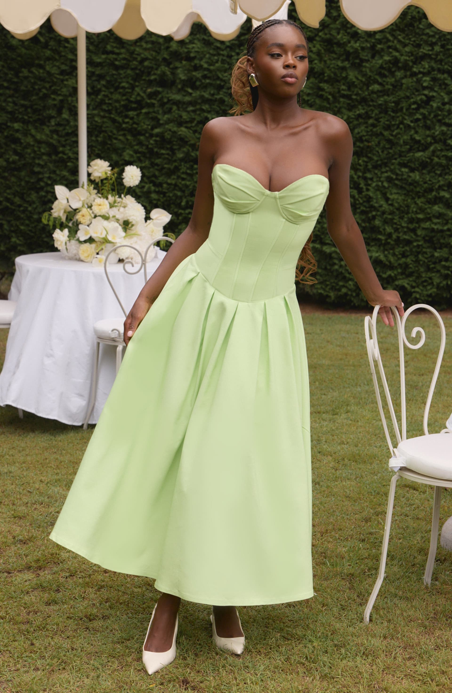 Salma Midi Dress Lime Green Stretch Bengaline Strapless Pleated Underwired