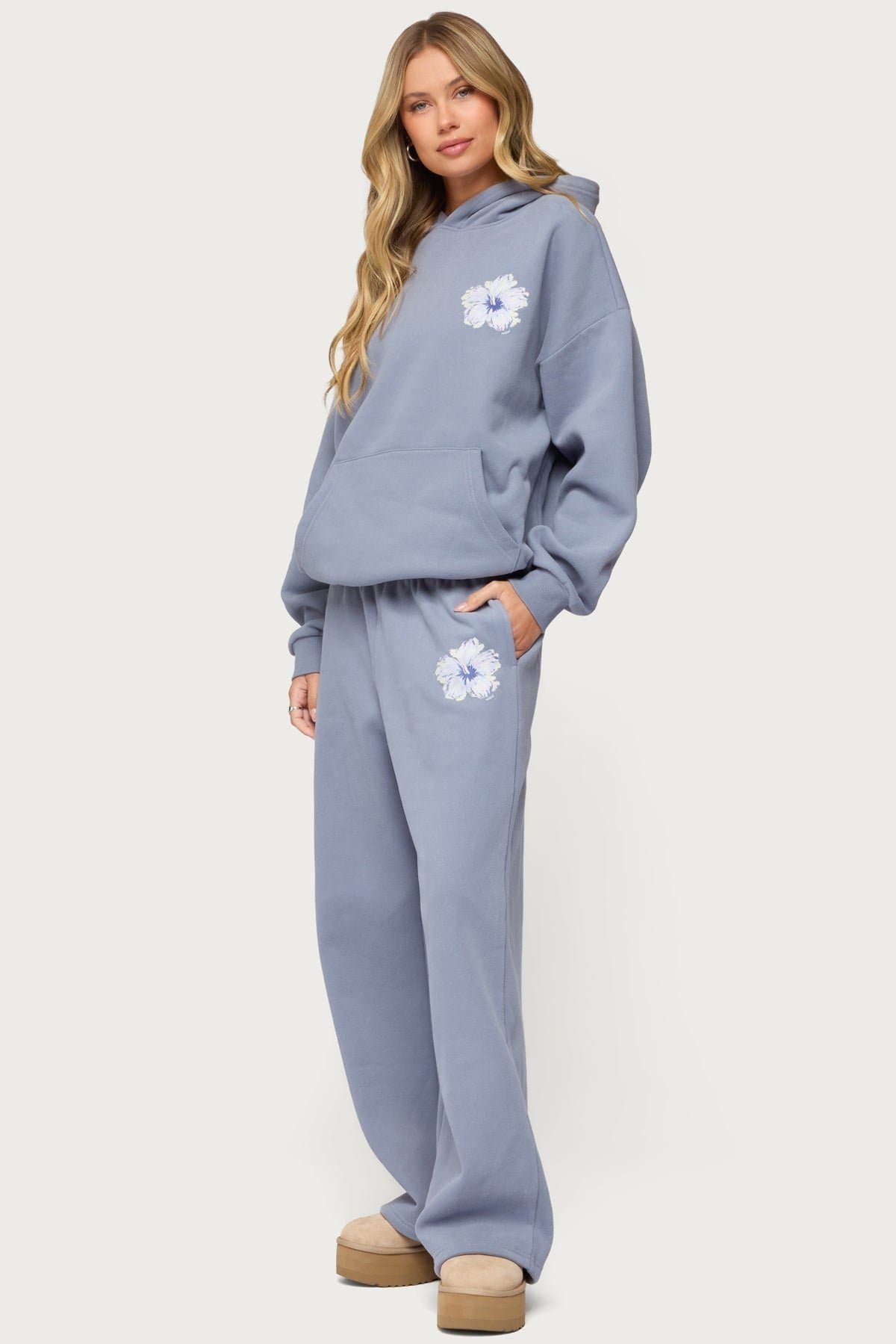 Tropical Bloom Sweatpants - Hibiscus Print Straight Leg Polyester Cotton Elastic Waistband