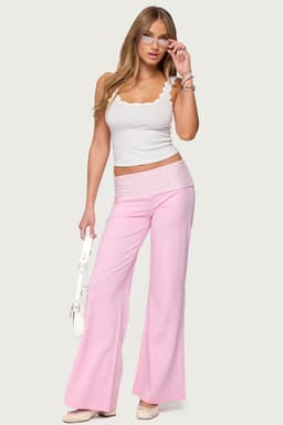 Meshey Striped Foldover Waistband Wide Leg Pants - Cotton Spandex Size S Inseam 32.3"