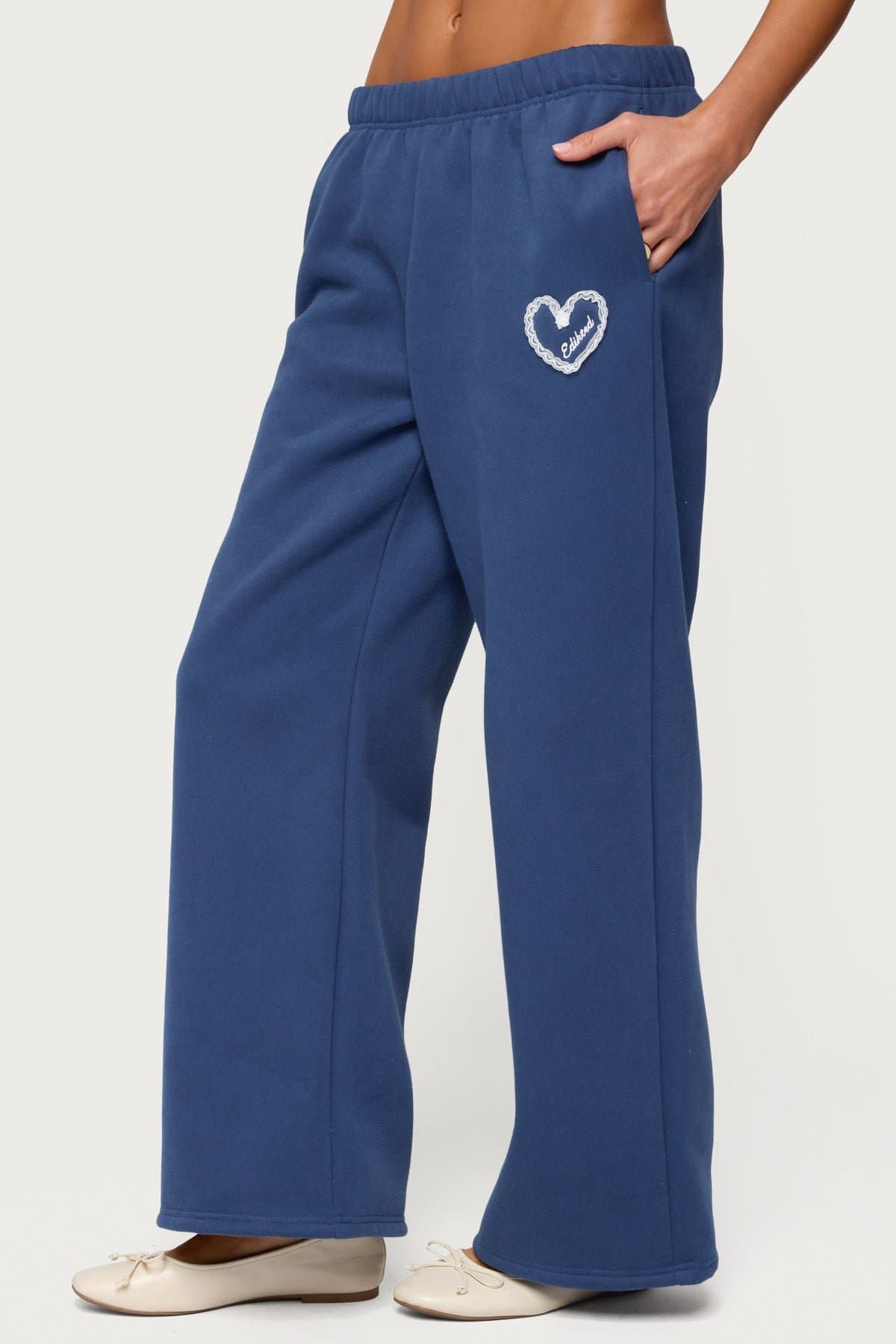 Love Edikted Wide Leg Sweatpants with Lace Heart Patch