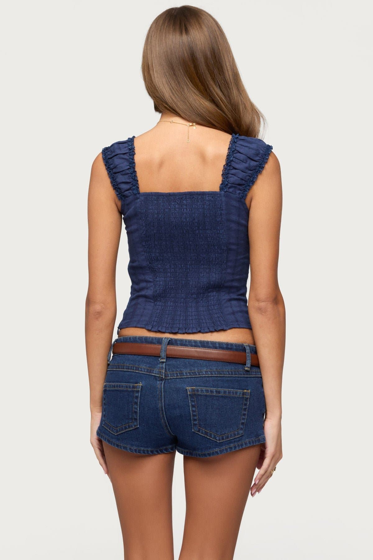 Katerine Embroidered Striped Cotton V-Neck Top with Ruched Straps