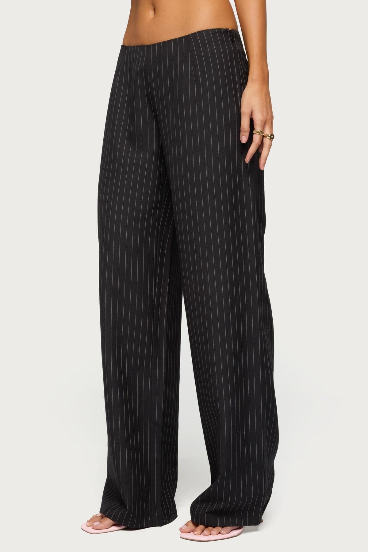 Kerie Pinstripe Low Rise Wide Leg Pants - Polyester Side Zip