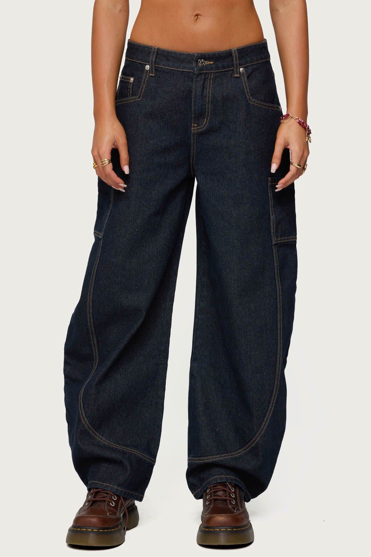 Aden Contrast Stitch Low Rise Barrel Jeans in Rigid Cotton Denim