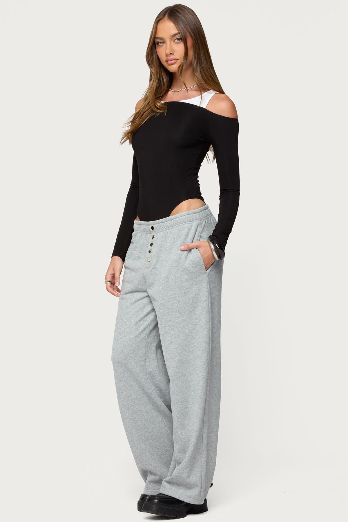 Lorelle Wide Leg Sweatpants - Polyester Cotton Button Detail Inseam 29.9in Size S