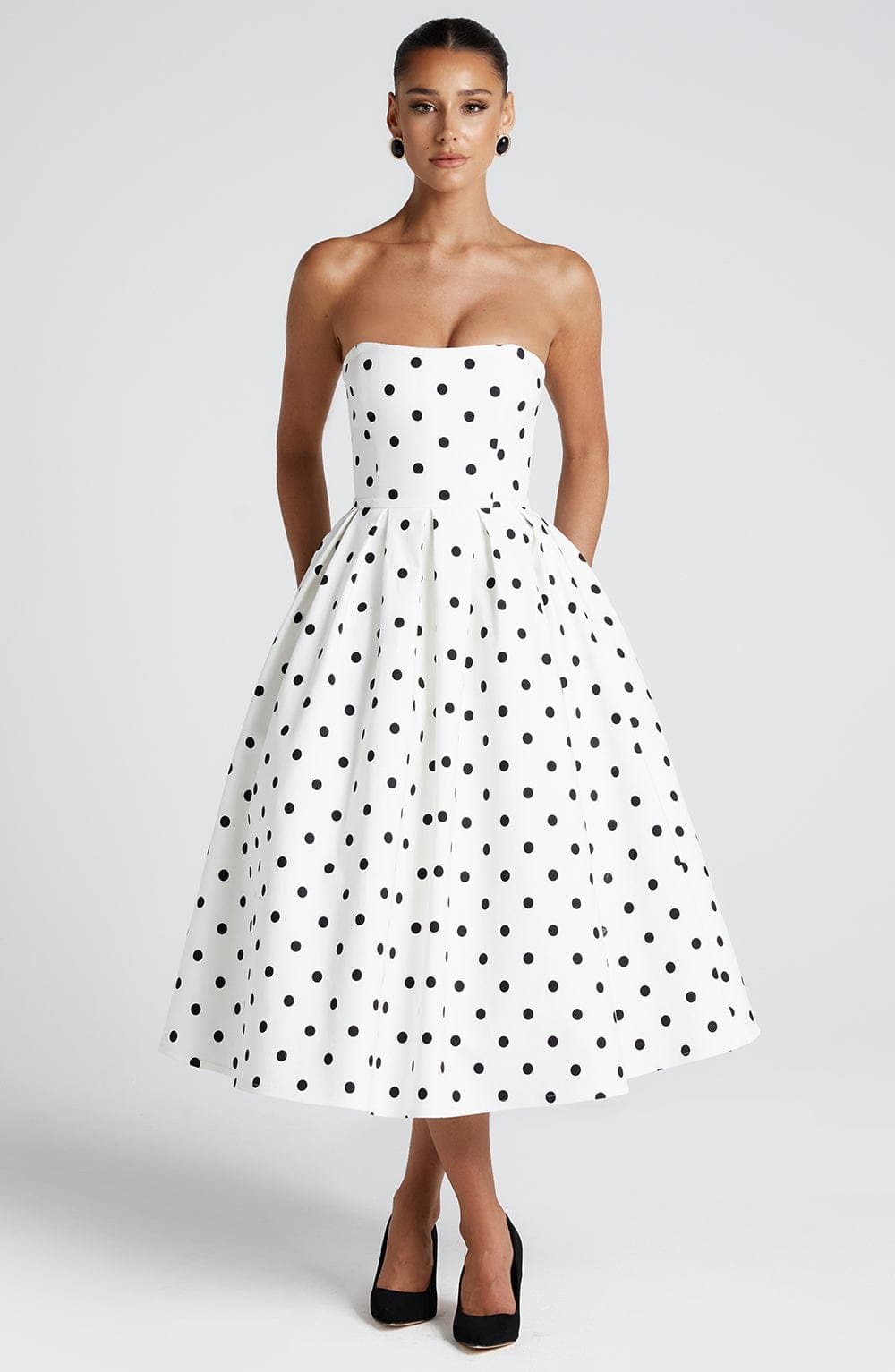 Edith Midi Dress Black Polka Dot Print Stretch Bengaline Strapless