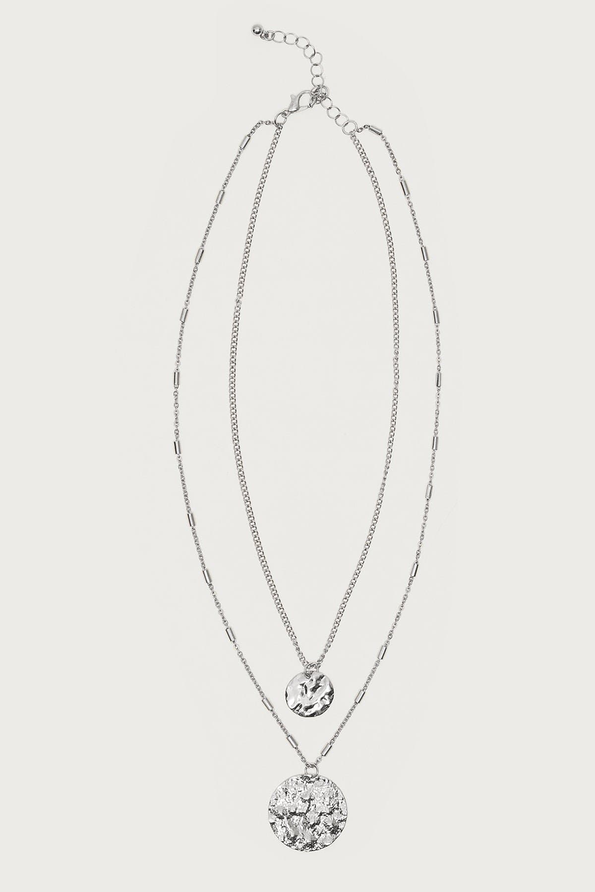 Textured Duo Layered Necklace - Silver Tone Metal, 14.3 Inch Length