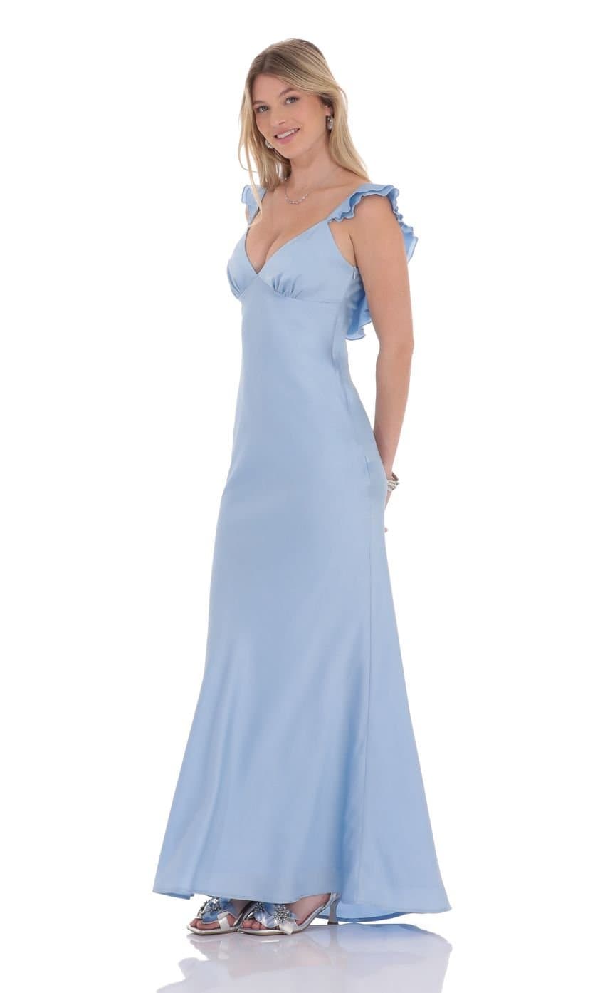 Satin Ruffle Open Maxi Dress in Light Blue