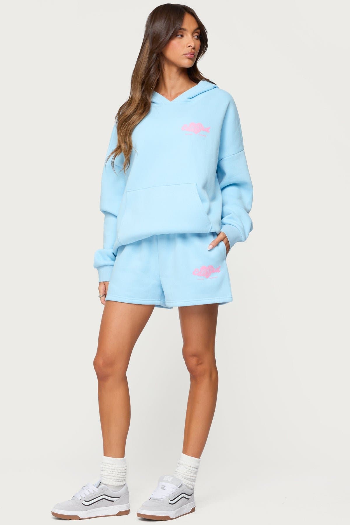 We're Edikted Sweat Shorts - Polyester Cotton Elastic Waistband Heart Graphic Print