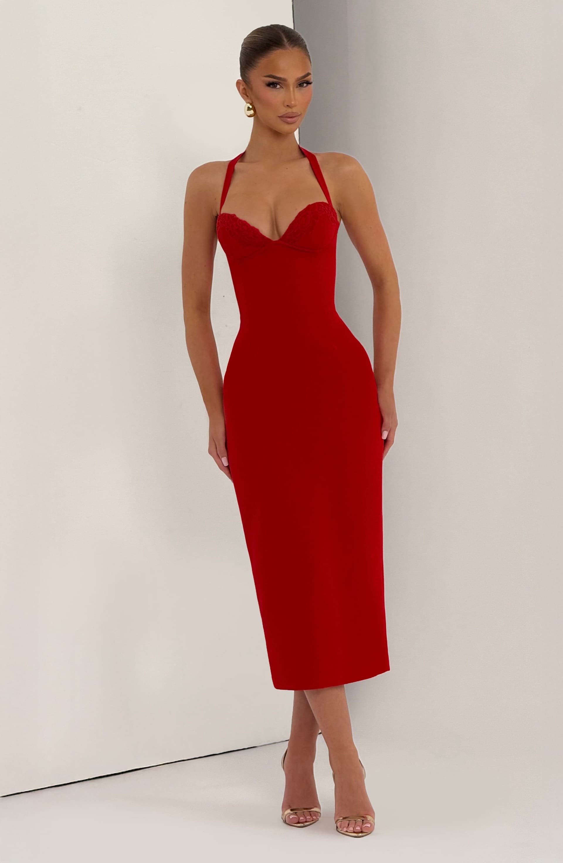 Cassia Midi Dress in Red - Non-Stretch Crepe, Halterneck, Underwired Bodice
