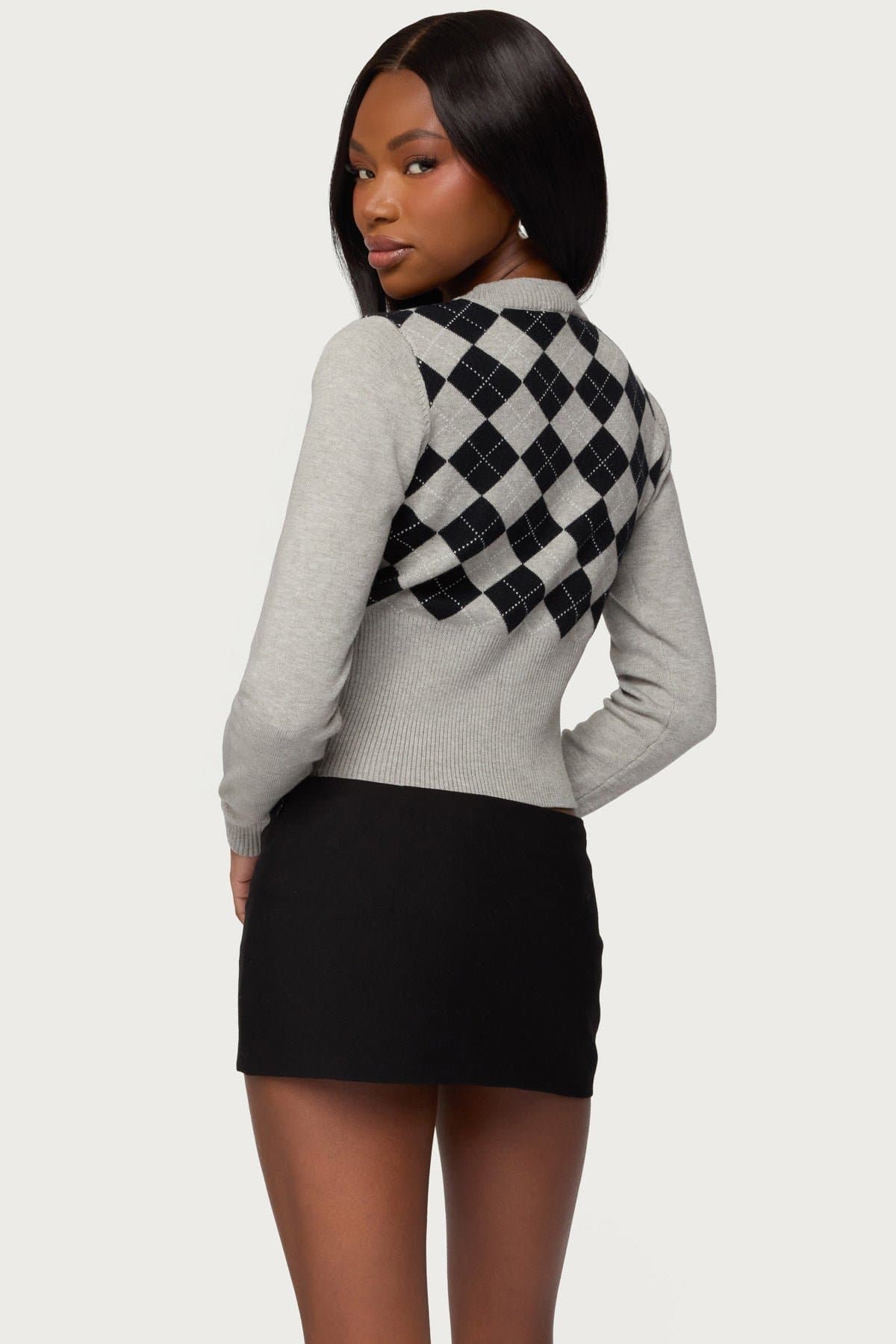 Noya Argyle Knit Cardigan - Acrylic Ribbed Sweater with Button Closures