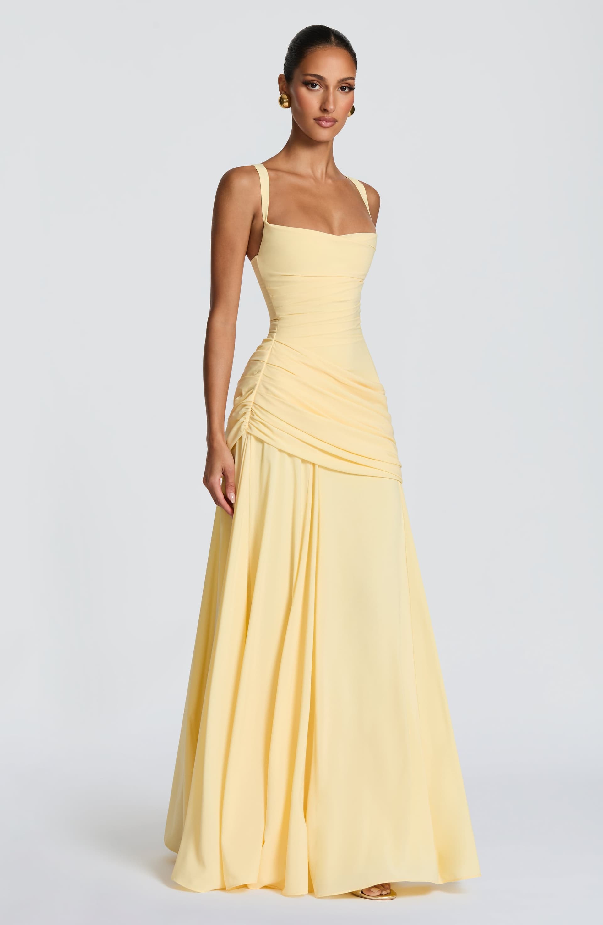 Sura Maxi Dress in Lemon Chiffon - Twist Cowl Neckline, Lace-Up Back