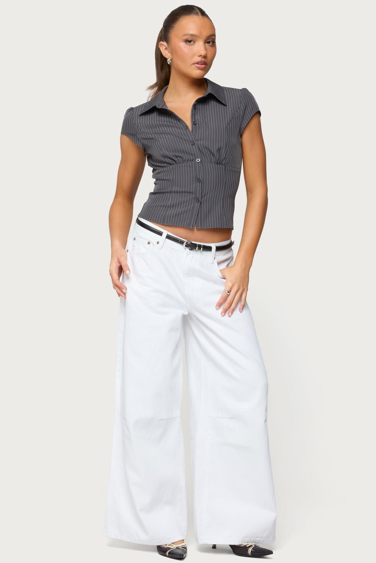 Juney Pinstripe Tailored Button Up Shirt - Cotton Polyester Spandex, Classic Collar, Underbust Ruching