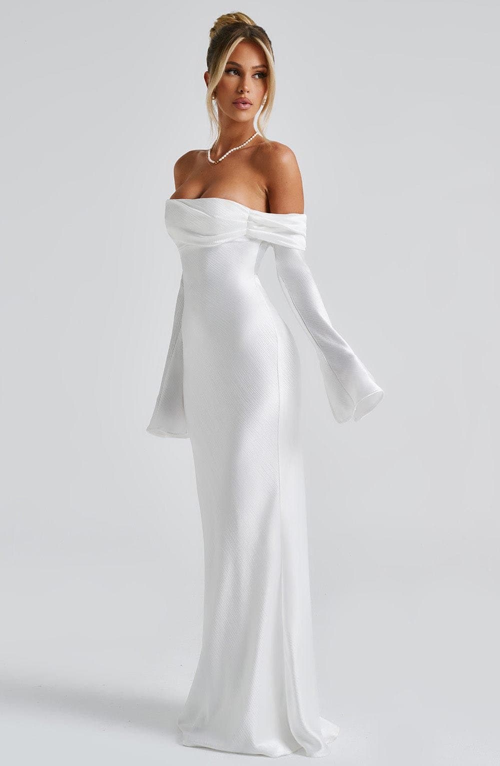Selene Maxi Dress in Ivory - Textured Satin Bardot Neckline Long Sleeve