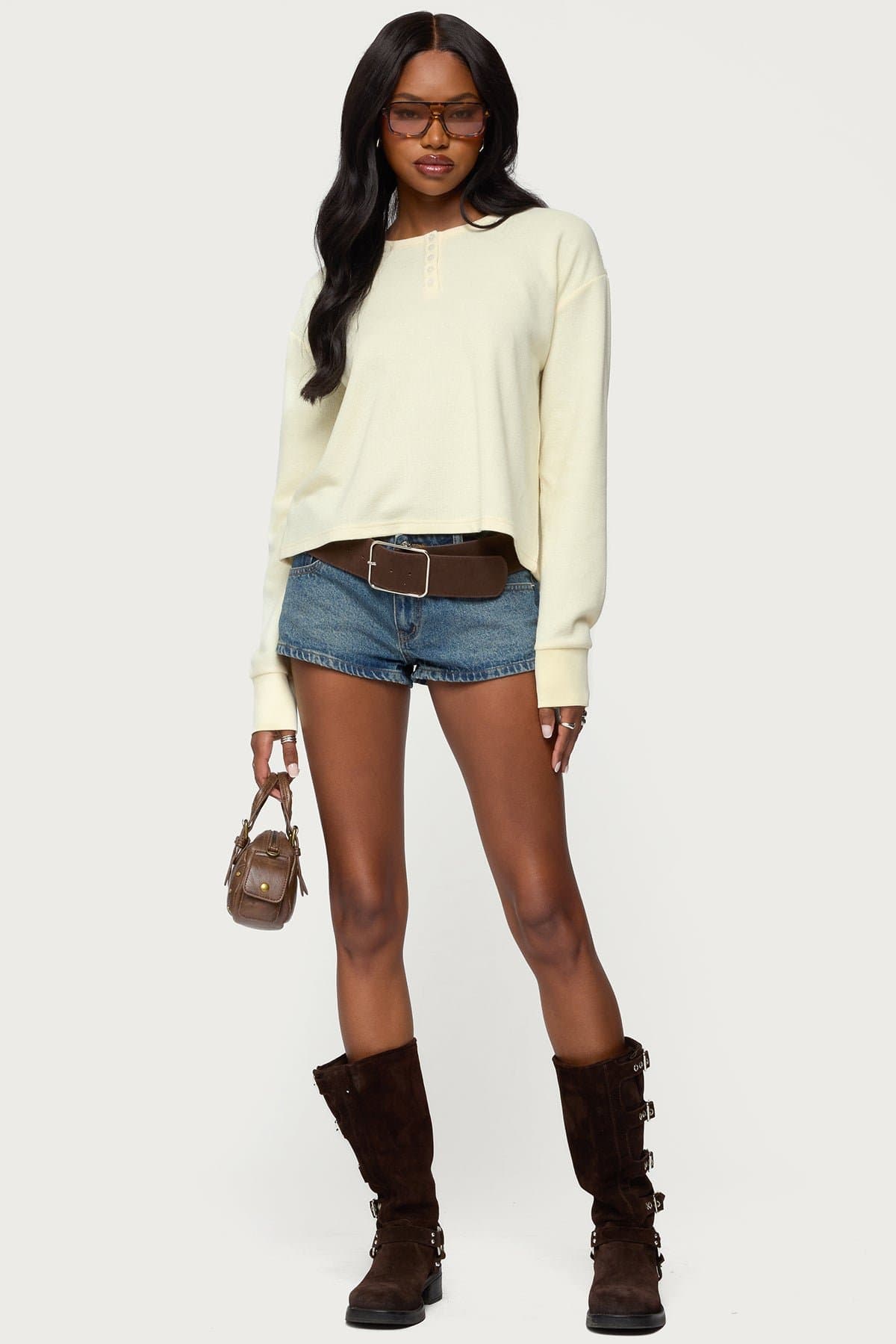 Deni Long Sleeve Henley Waffle Top - Polyester Cotton Spandex Blend