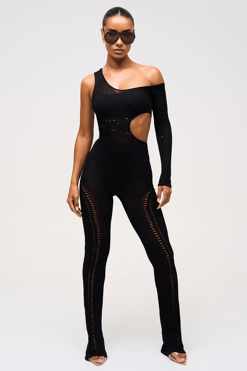 Black Cut Out One Sleeve Knitted Jumpsuit PANTHER ADM-SHP-MN6U08CK-408344