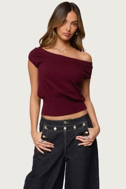 Michaela Off Shoulder Knit Top - Polyester Rayon Ribbed Fitted Hem Size S