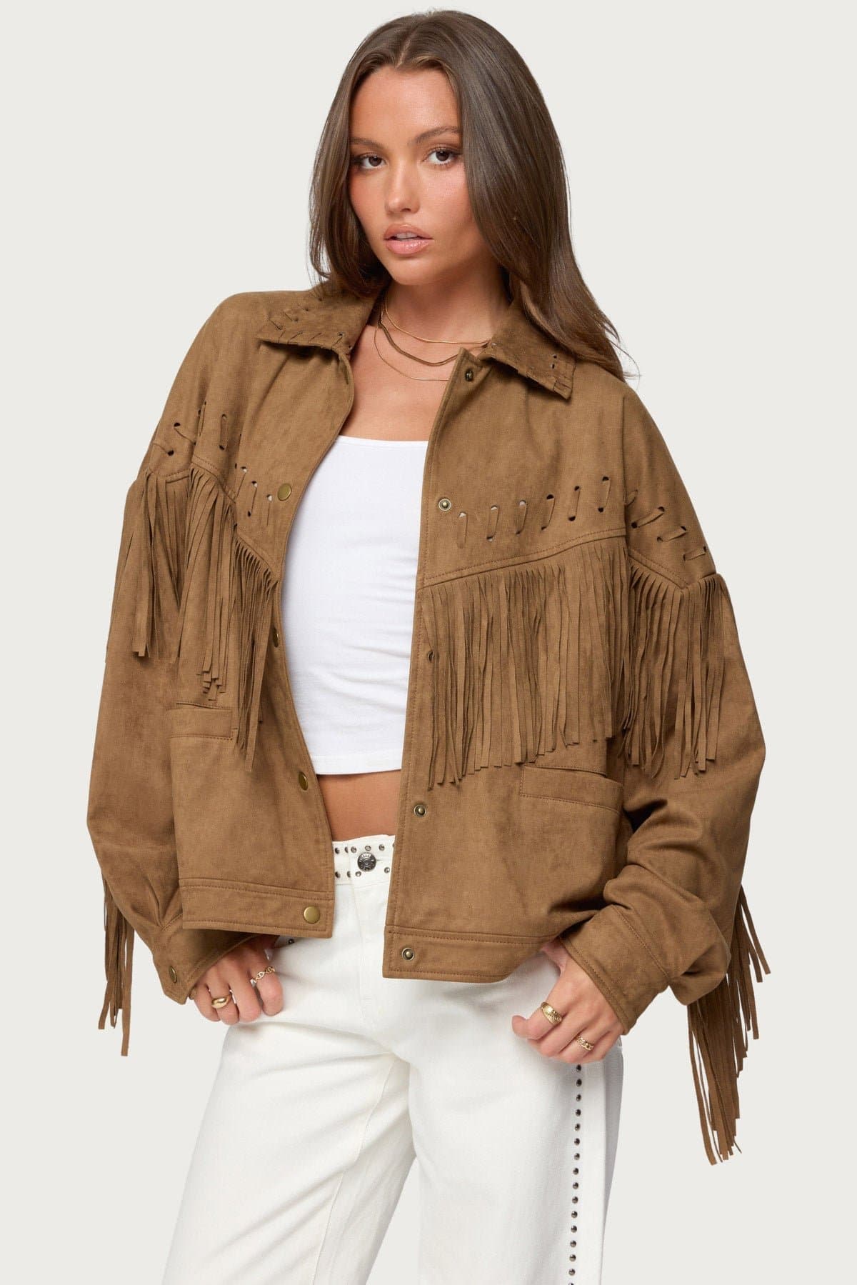Evonka Fringe Faux Suede Jacket - Polyester Spandex Western Stitch Brown