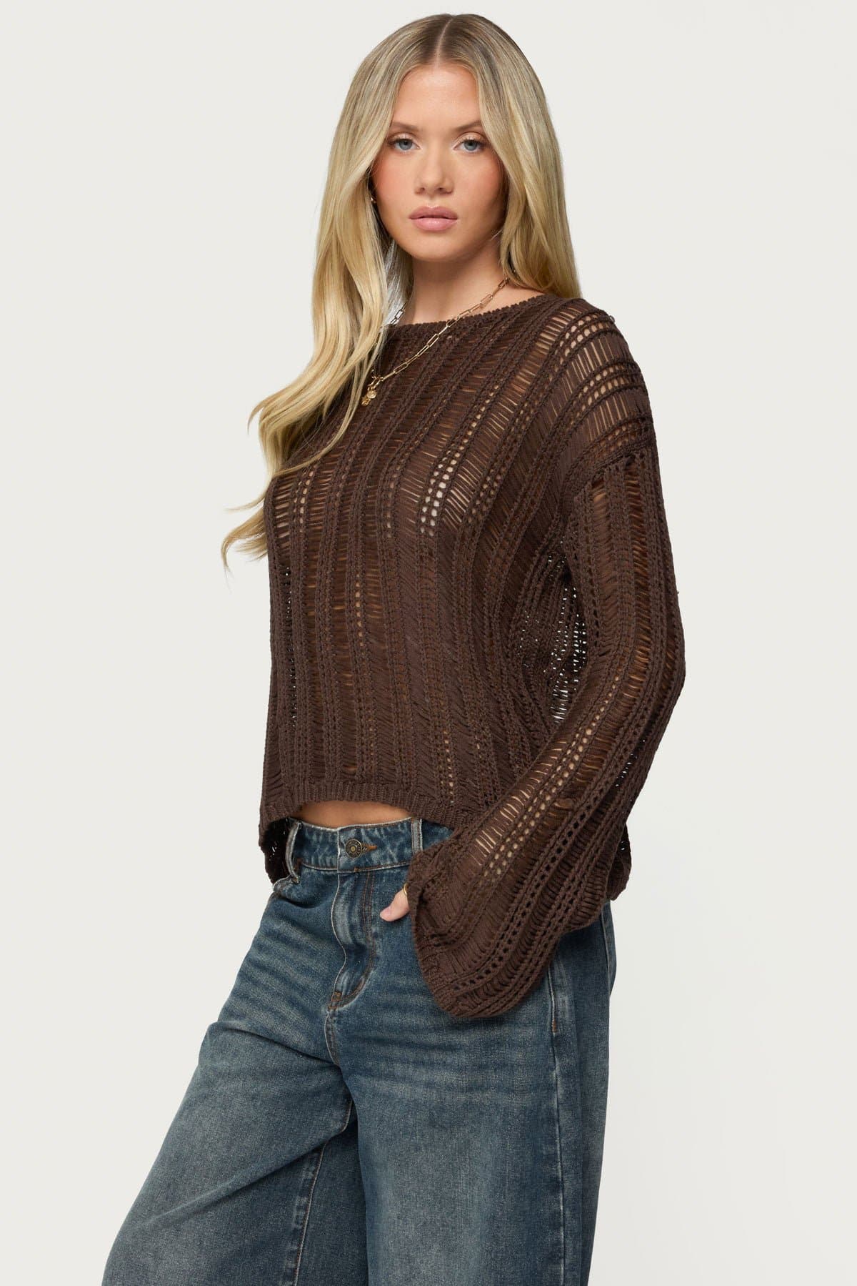 Jaide Sheer Ladder Knit Sweater - Acrylic Knit Top