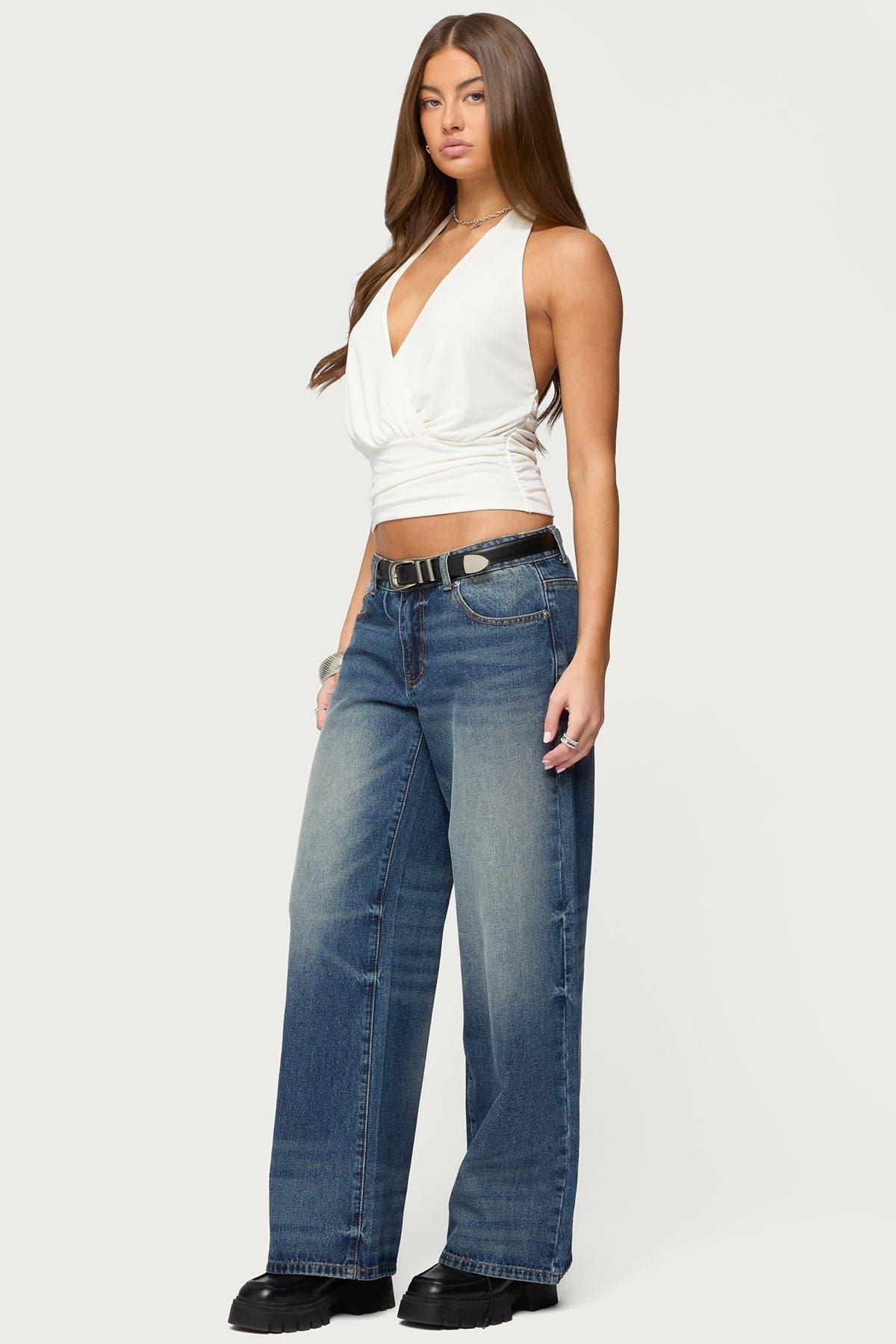 Niya V Neck Halter Top - Polyester Rayon Cinched Waist Wrap Look Size S