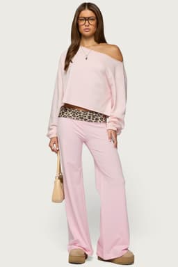 Leopard Foldover Pants - Flared Fit Cotton Spandex Inseam 31.5in Size S