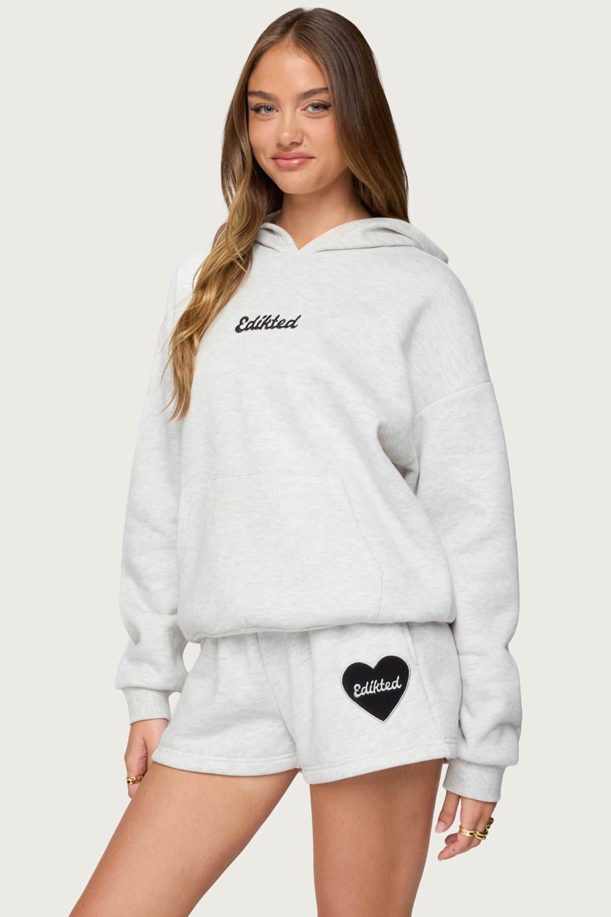 Big Love Edikted Hoodie - Elbow Heart Patches, Embroidered Text, Polyester Cotton Rayon