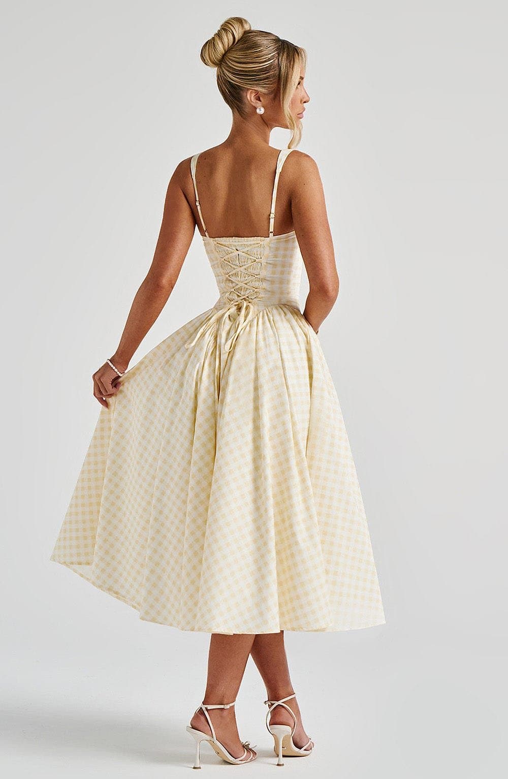 Sherrie Midi Dress in Lemon Gingham Print - Cotton Nylon Elastane Voile