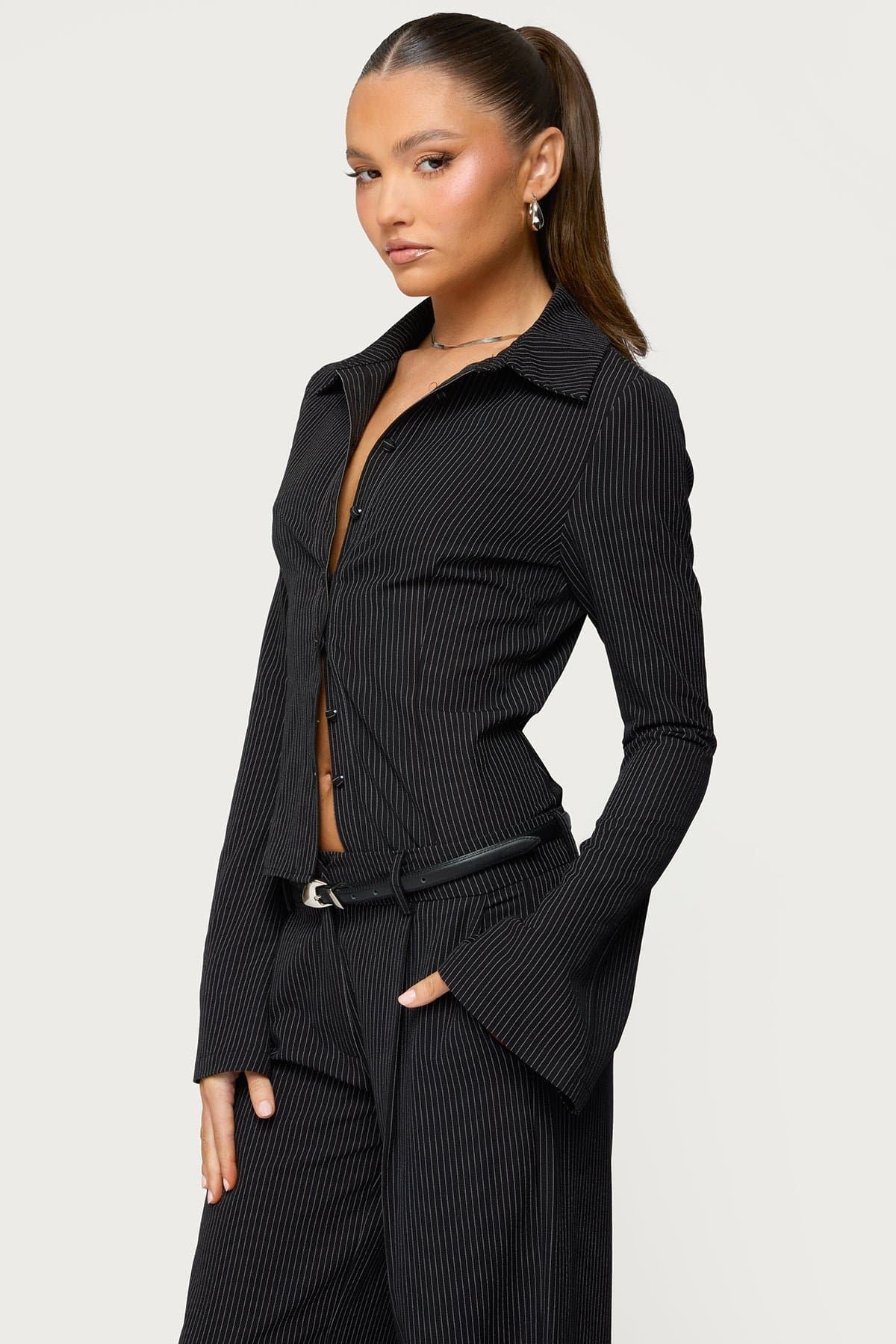 Pinstripe Tailored Button Up Shirt Long Sleeve Polyester Rayon Spandex
