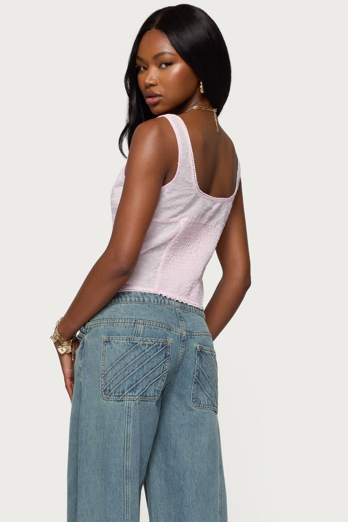 Embroidered Cotton Button Up Tank Top - Square Neckline, Smocked Back