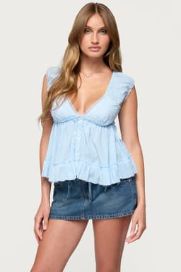 Gizelle Cotton V-Neck Babydoll Top with Eyelet Bust and Lace Trim