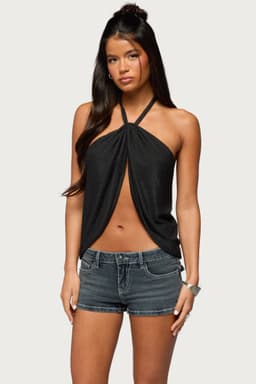 Stasia Sparkly Knit Split Front Halter Top - Rayon Metallic