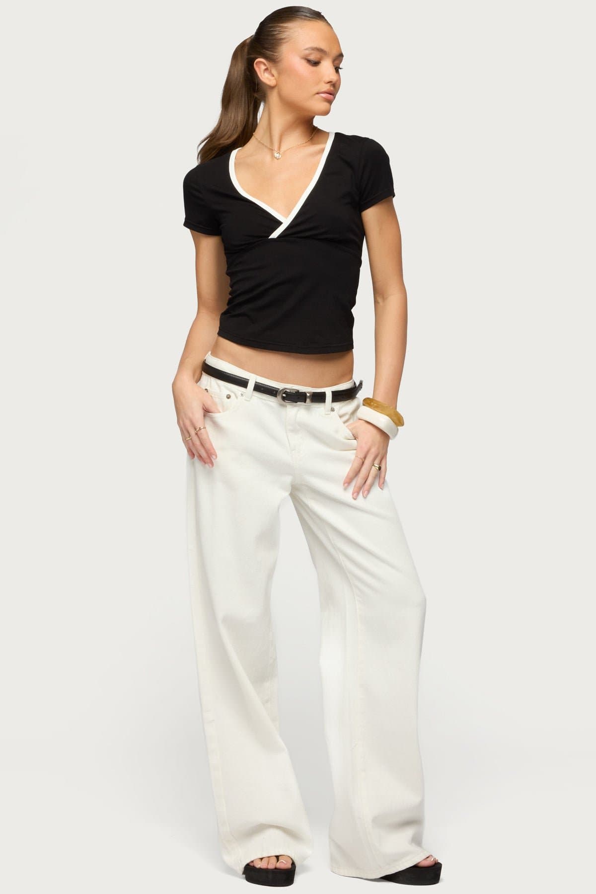 Yulenna Contrast V Neck Top with Wrap Detail - Cotton Spandex