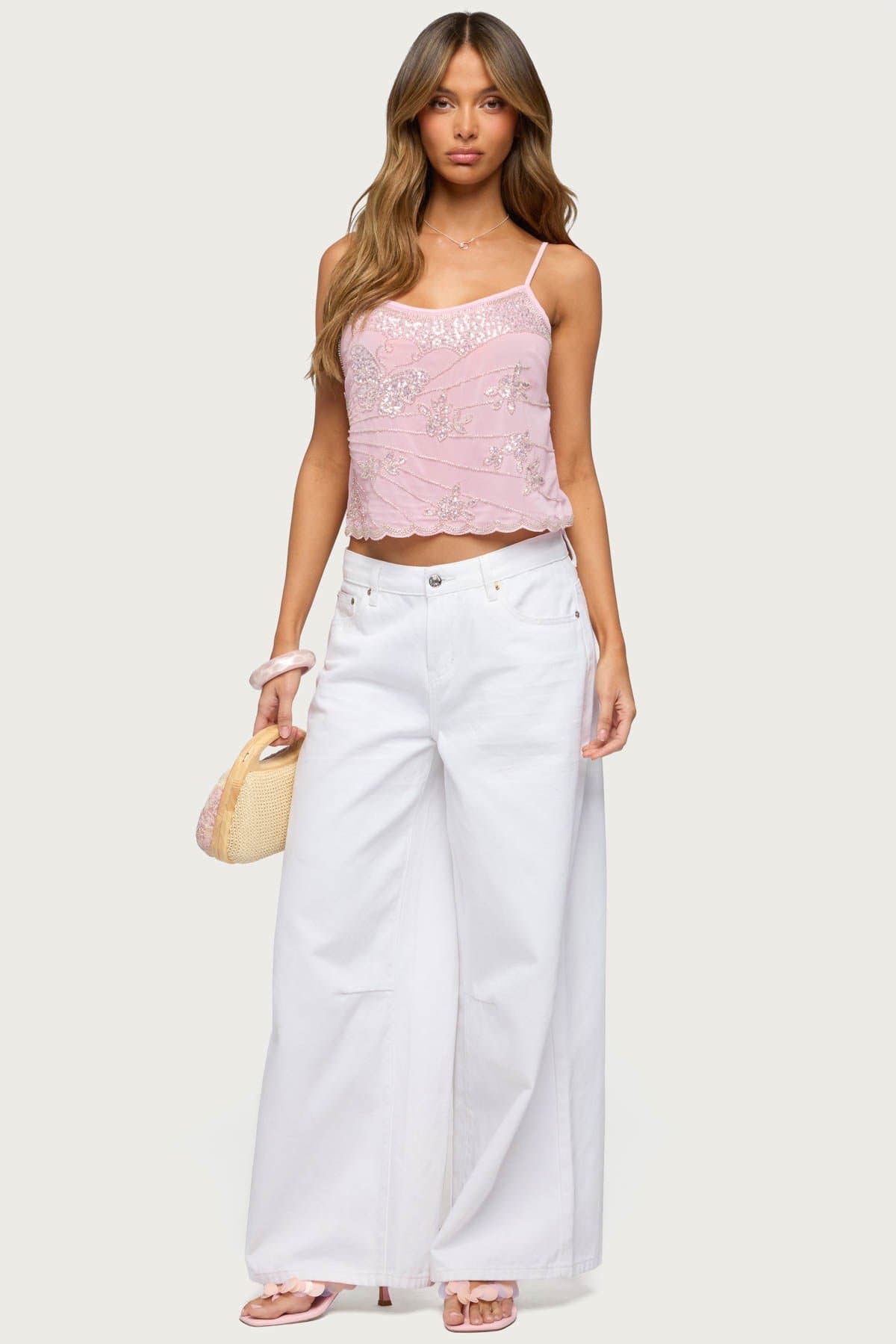 Bead & Sequin Chiffon Tank Top with Adjustable Straps