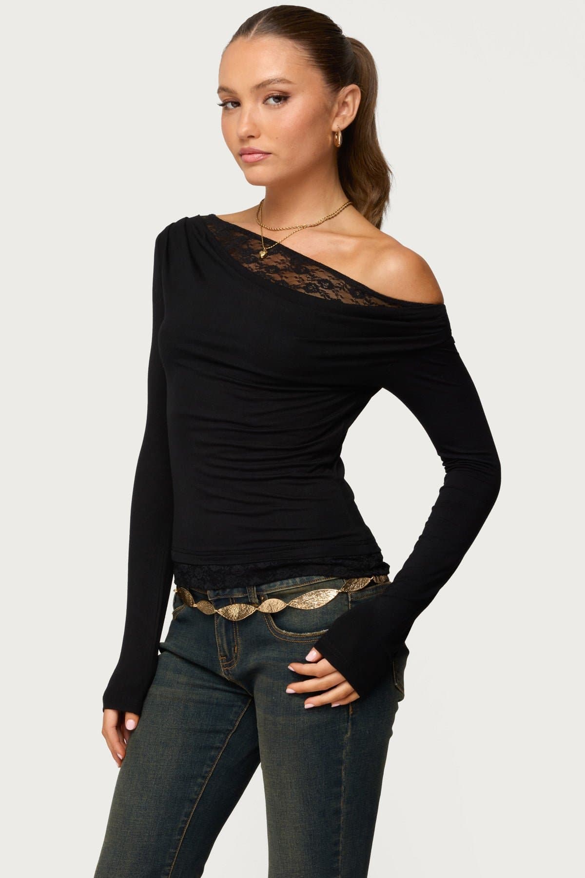 Layered Lacey Off Shoulder Long Sleeve Top - Rayon Spandex