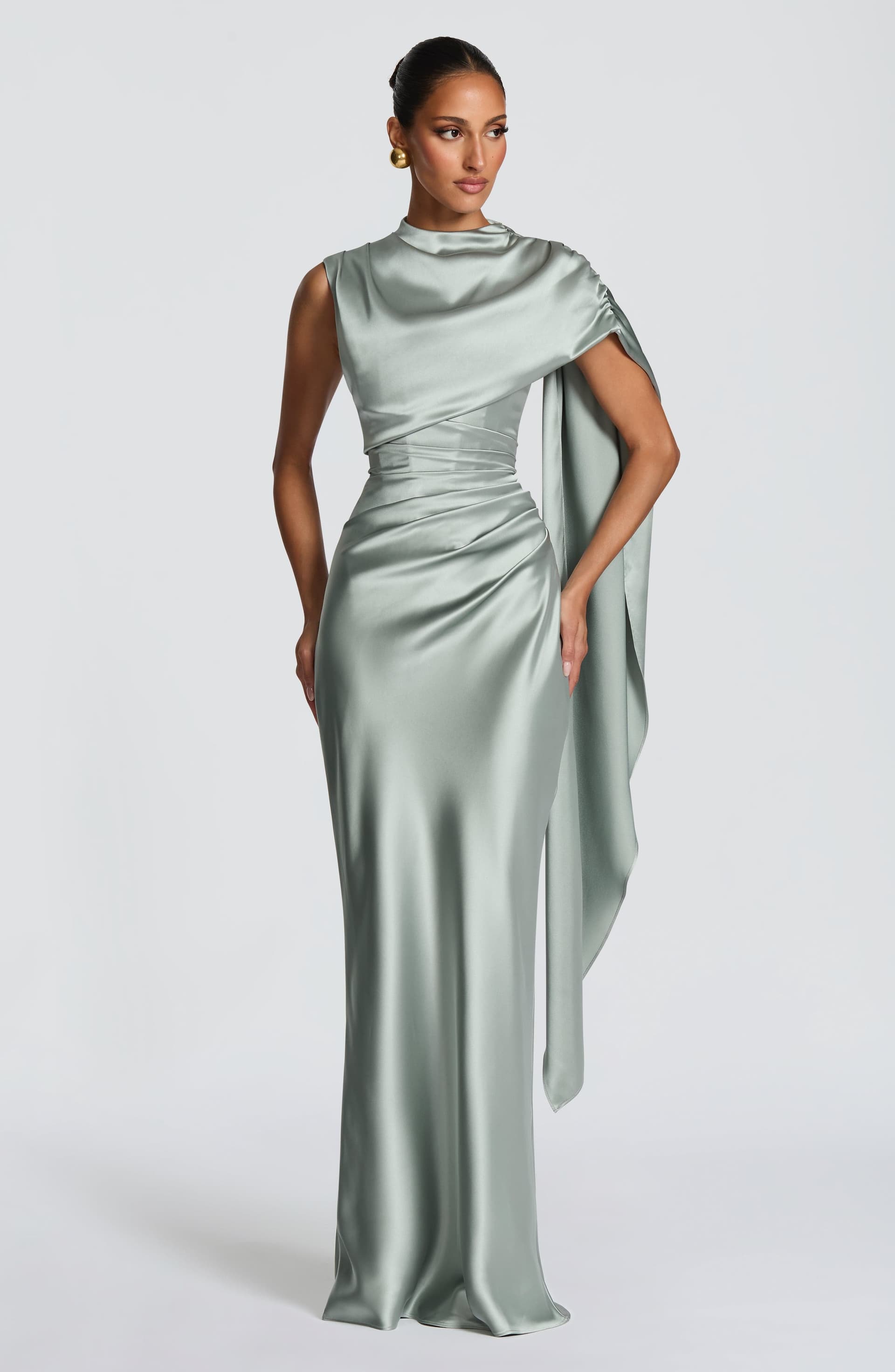 Avendra Maxi Dress - Sage Green Satin High Neck Cape Overlay Lace-Up Back