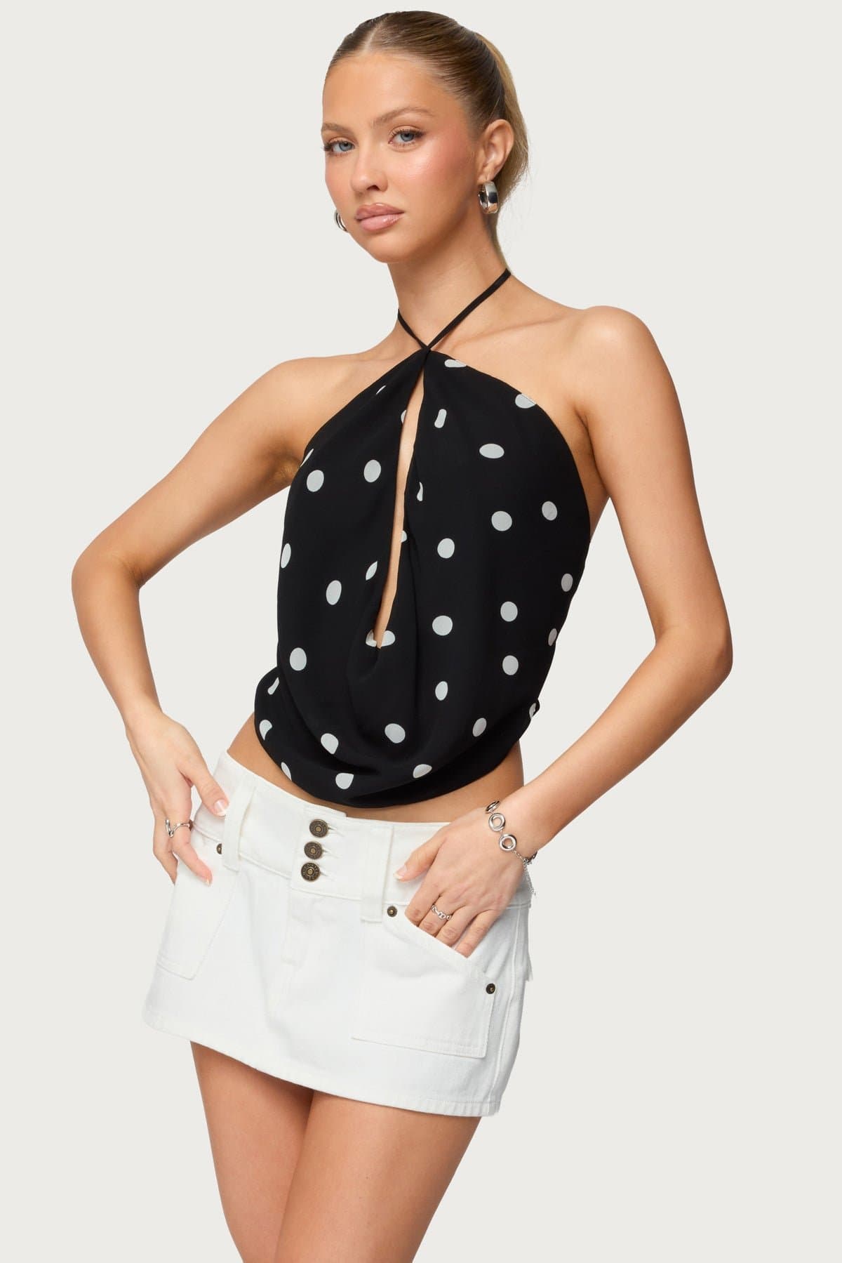 Chiffon Backless Cowl Neck Top with Polka Dot Print Halter Neck