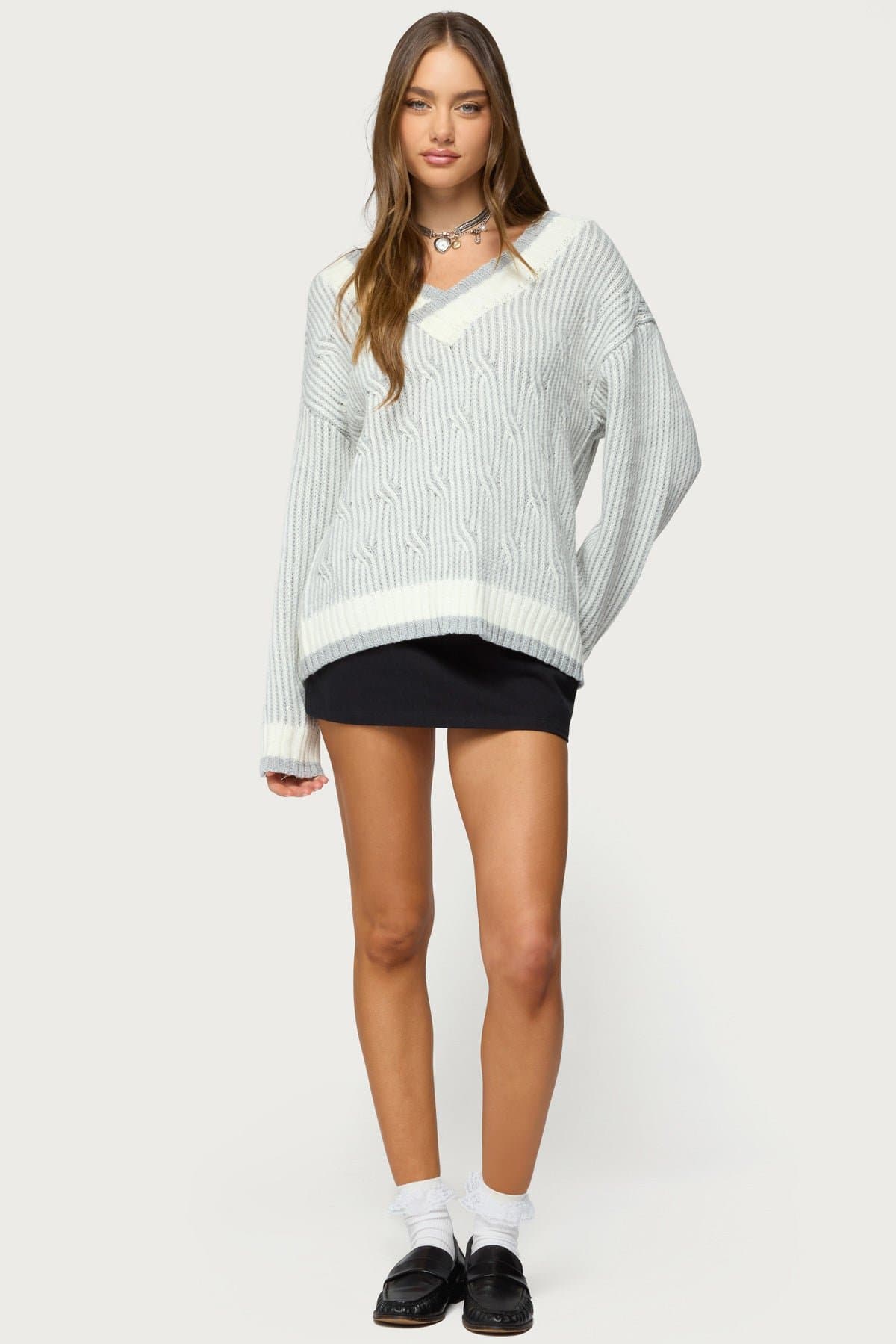 Lila V-Neck Cable Knit Sweater with Contrast Striped Detailing Acrylic