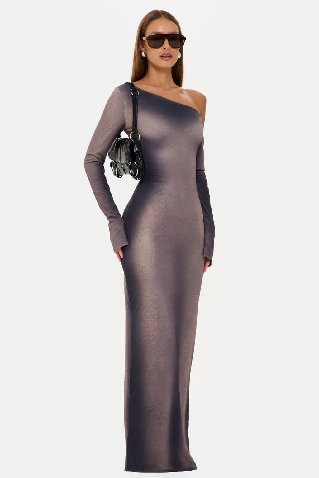 Monroe One Shoulder Long Sleeve Maxi Dress with Body Illusion Print