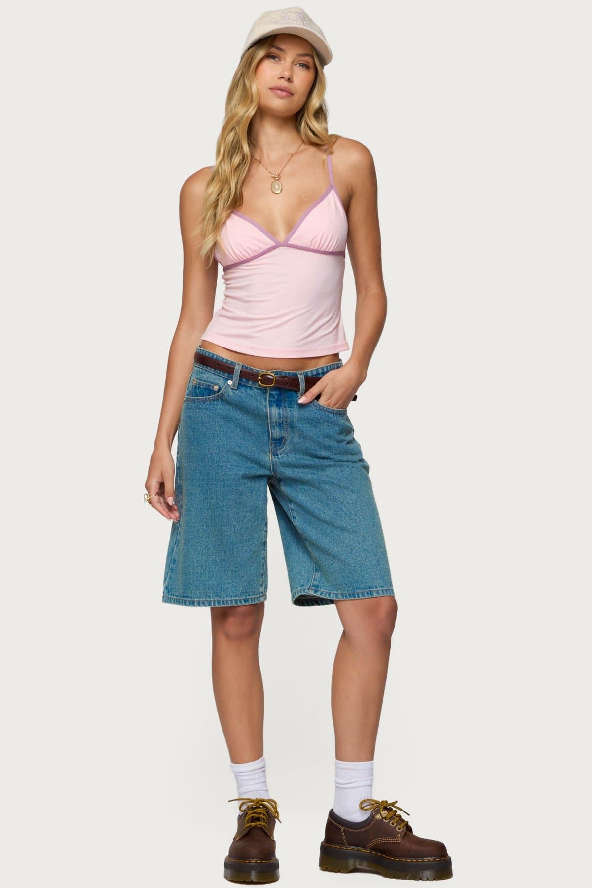 Leona Contrast Tank Top - Adjustable Straps V-Neck Cotton Lyocell Blend