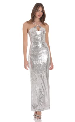 Sequin Keyhole Maxi Dress in Silver