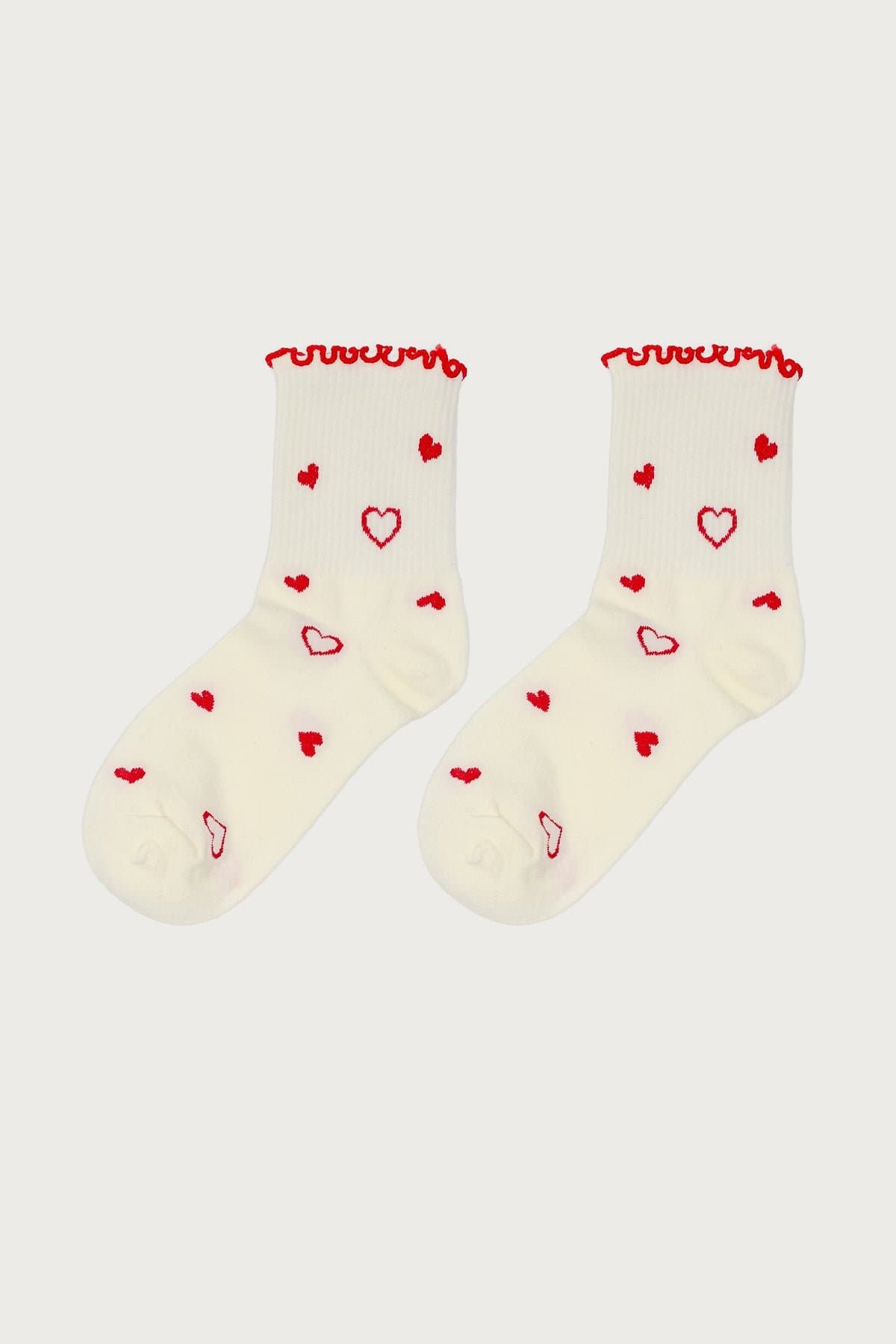 Contrast Frilly Socks with Heart Design - Cotton Spandex, 10.2 Inch Length