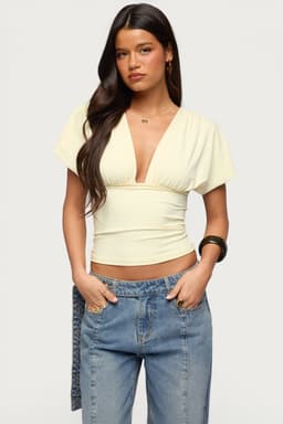 Flutter Plunging V Neck Top - Fitted Polyester Spandex