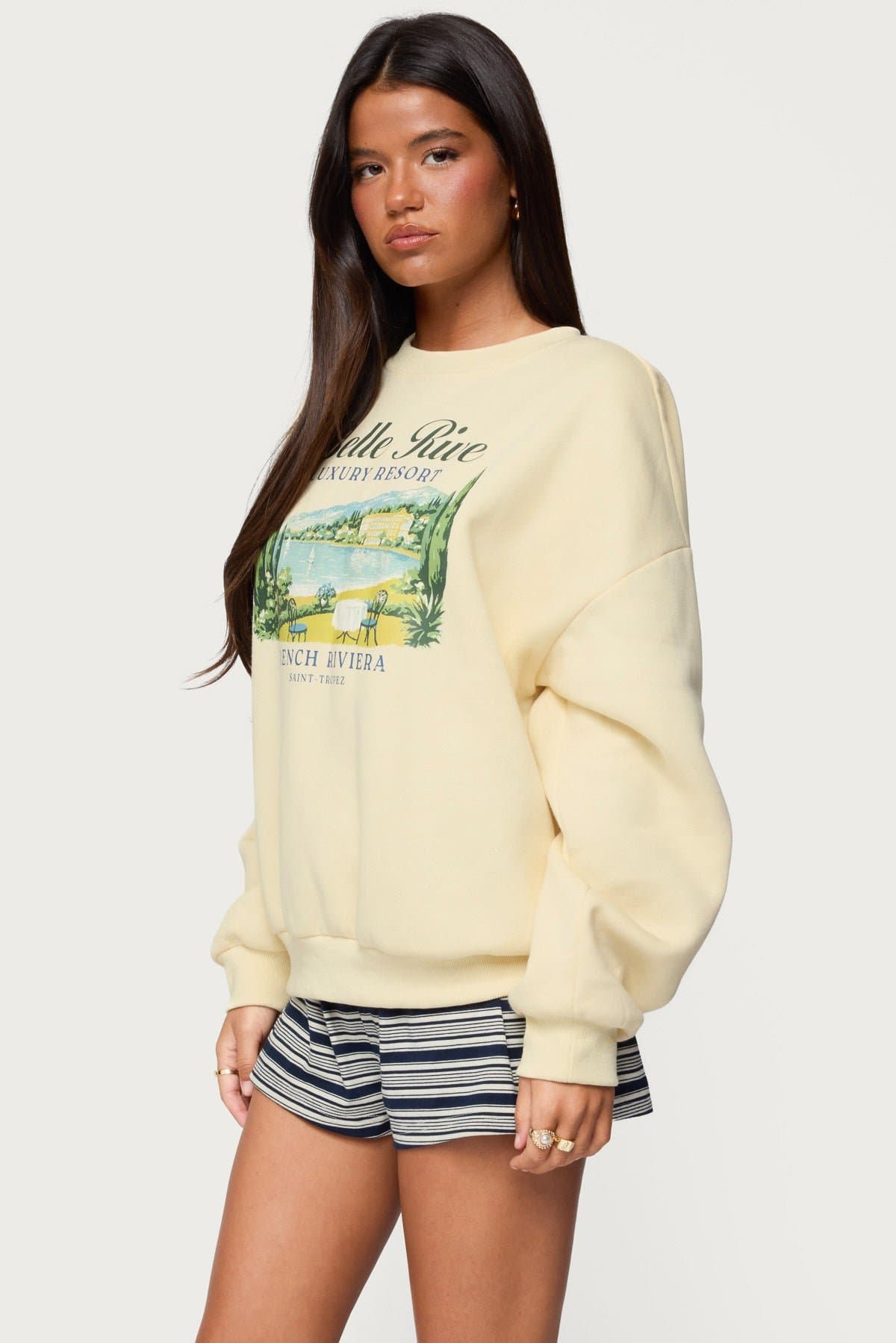 French Riviera Oversized Sweatshirt Polyester Cotton Graphic Print