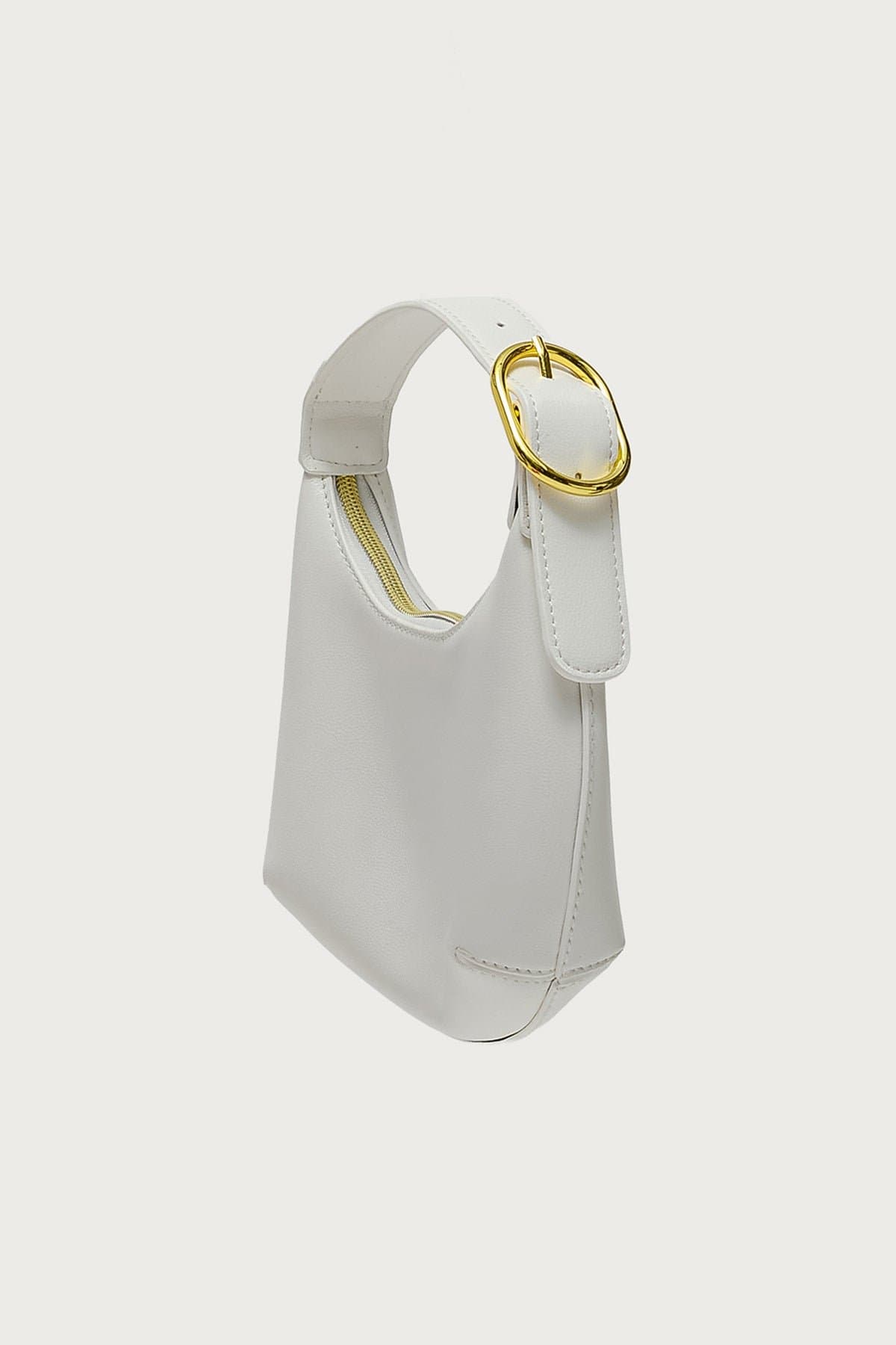 Buckle Strap Faux Leather Bag - Polyurethane 7.9W x 5.1H x 2.4D Gold Tone Zip Closure